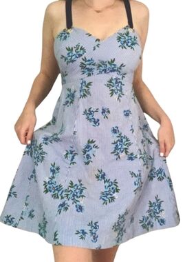 Guess L.A. Mini Dress Blue Fit & Flare Sundress Pinstriped Floral Summer Boho